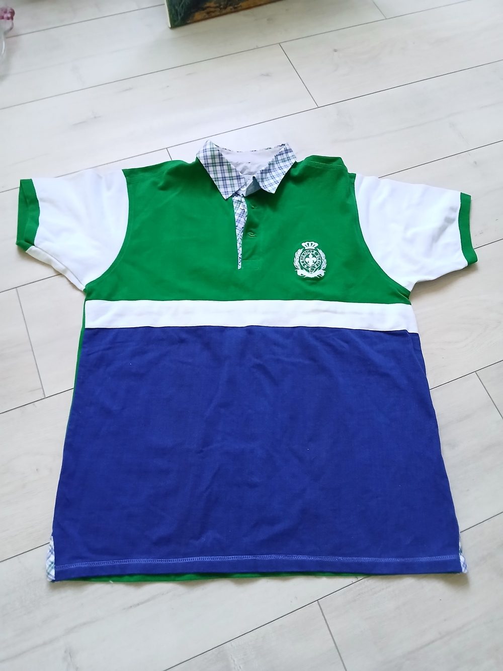 Unisex colorblocking Polo Shirt  M- L Striped Navy Blue Green,100% Cotton,mint